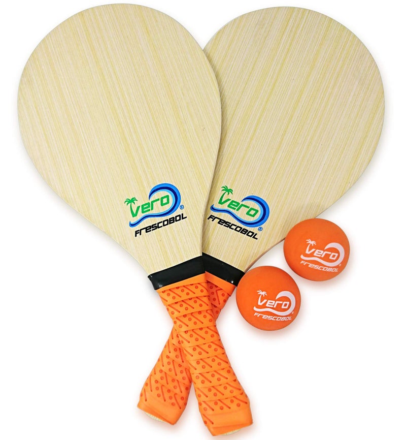 Vero Frescobol Frescobol Starter Set, 2 Vero Wood Paddles, Premium Orange Padded Grips, 2 Official Orange Balls, Beach Tote-Bag - Image 1